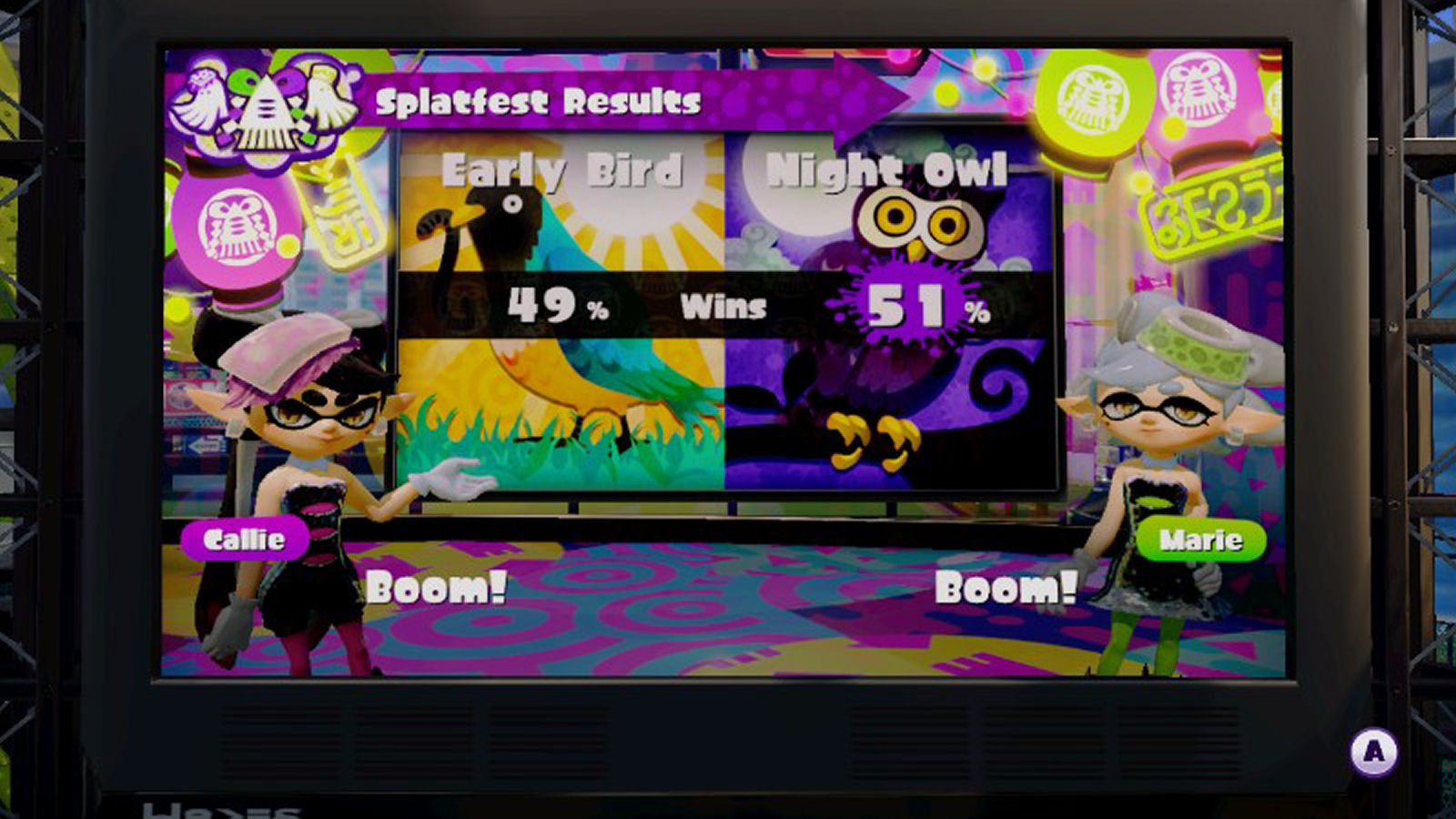 Splatoon Splatfest results showing Night Owl winning