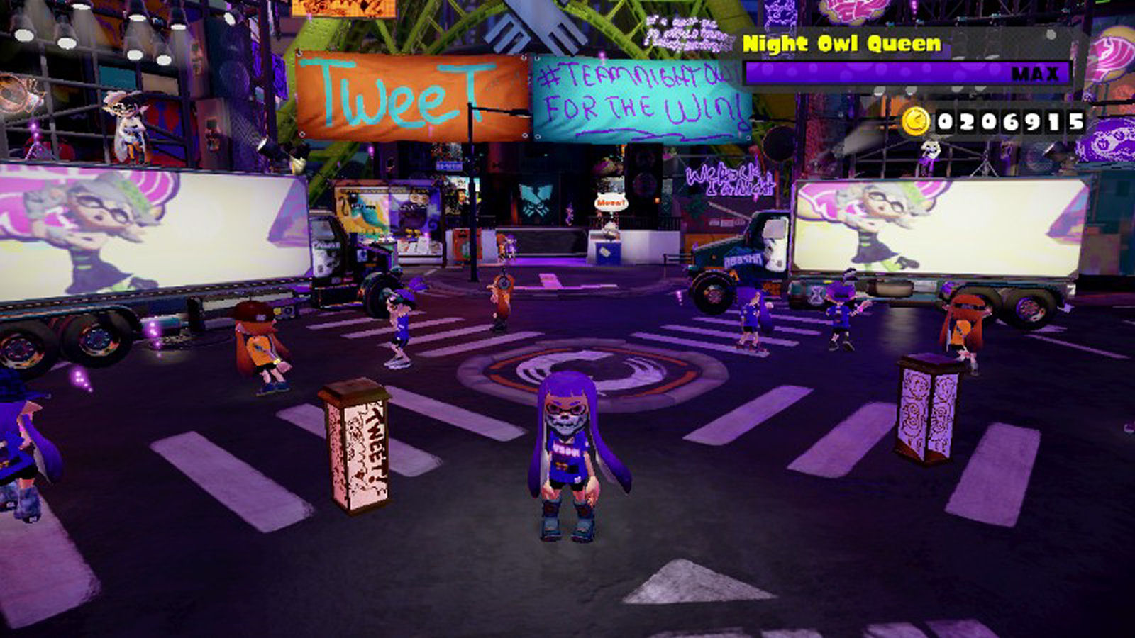 Shannon's Team Night Owl post displayed on a Splatoon billboard