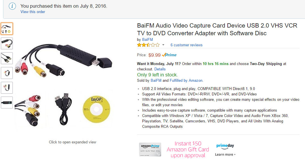 2016 Amazon listing for the inexpensive BaiFM USB analog capture card Shannon purchased