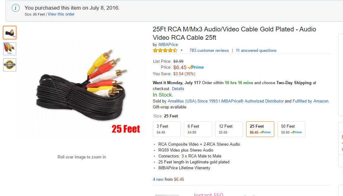 2016 Amazon listing for extra RCA extension cables