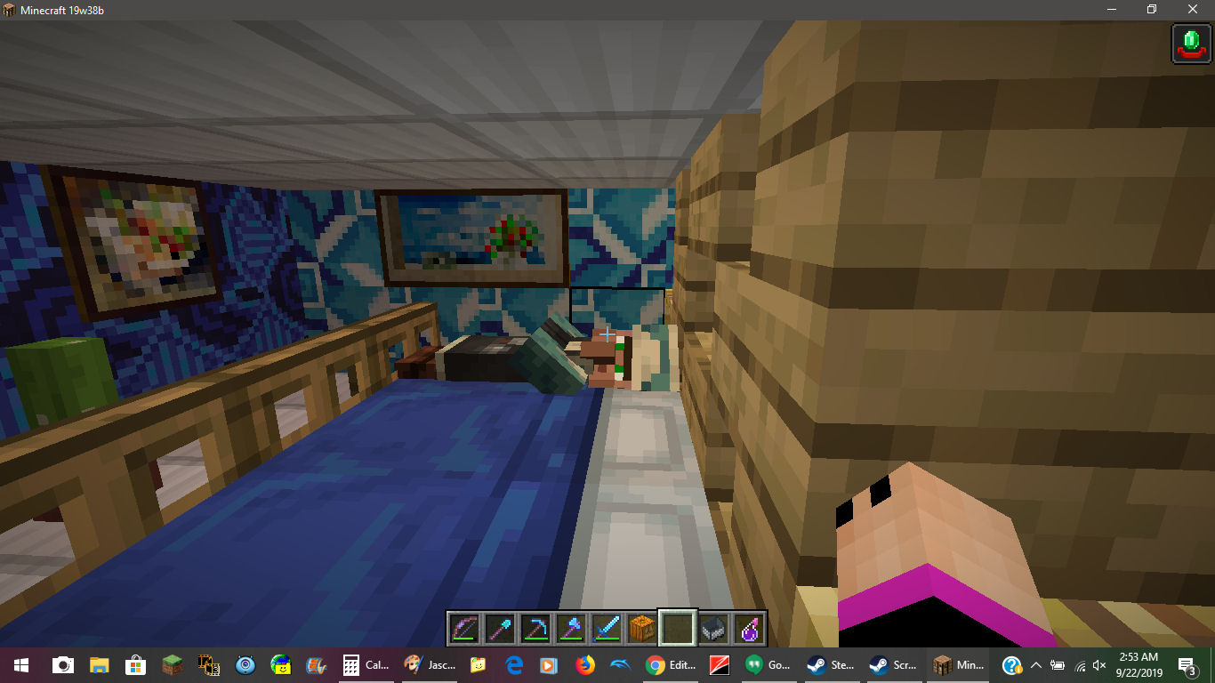 Funny Villager sleeping in the bed I made for them in Minecraft. He looked at me! lol